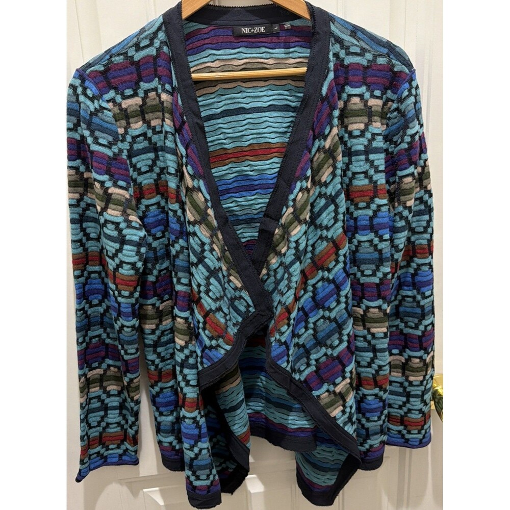 Women’s Open Front Cardigan Sweater L Colorful Boho Cotton Blend Statement